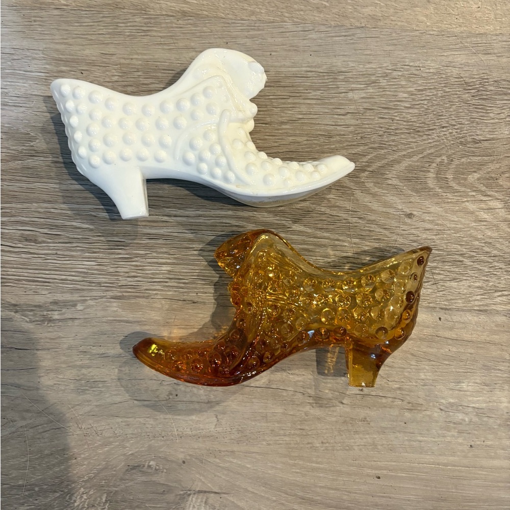 Fenton White and Amber hobnail Glass Slipper
